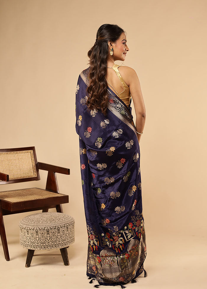 Blue Dupion Silk Saree With Blouse Piece
