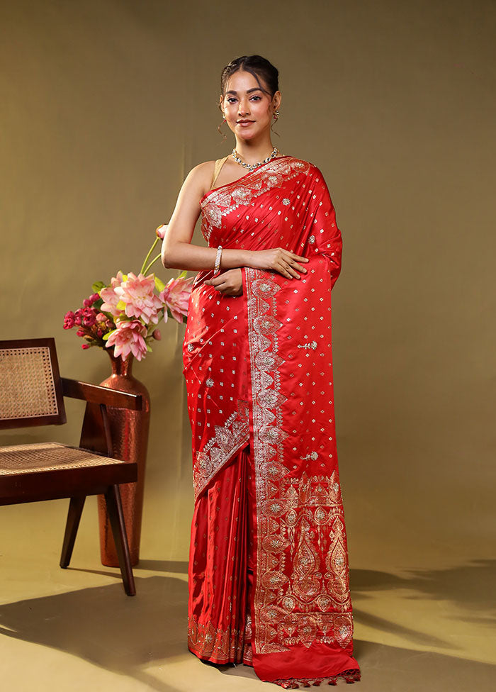Red Handloom Banarasi Pure Silk Saree With Blouse Piece