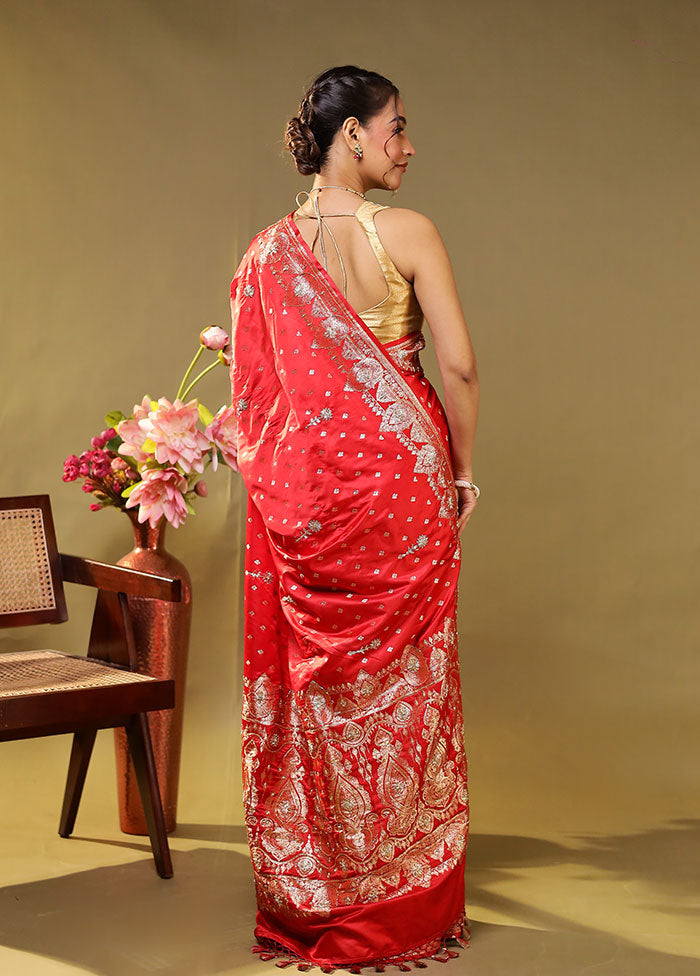 Red Handloom Banarasi Pure Silk Saree With Blouse Piece