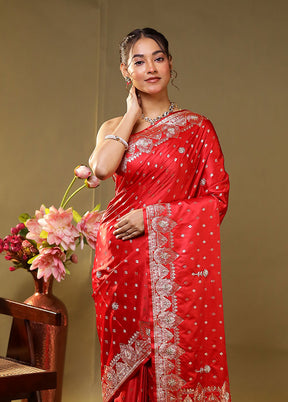 Red Handloom Banarasi Pure Silk Saree With Blouse Piece