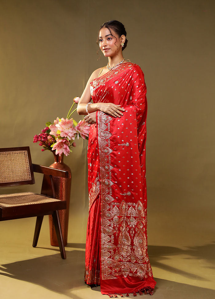 Red Handloom Banarasi Pure Silk Saree With Blouse Piece