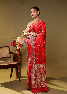 Red Handloom Banarasi Pure Silk Saree With Blouse Piece