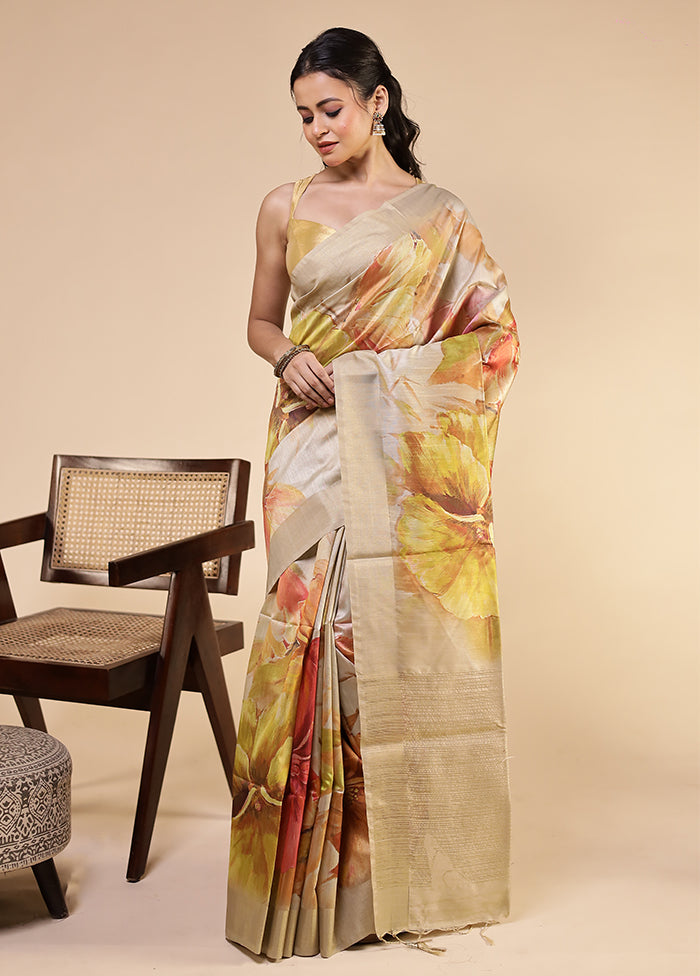 Cream Tussar Silk Saree With Blouse Piece