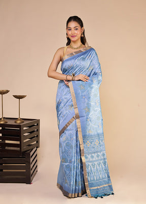 Blue Tussar Silk Saree With Blouse Piece