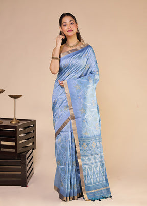 Blue Tussar Silk Saree With Blouse Piece