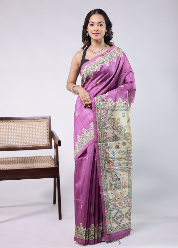 Purple Tussar Silk Saree With Blouse Piece