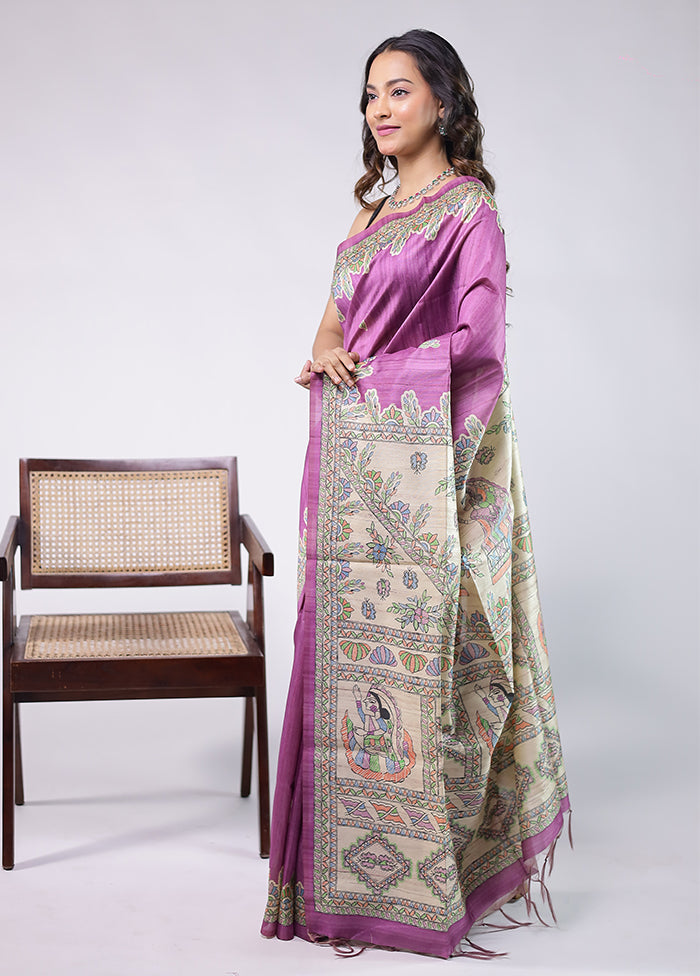 Purple Tussar Silk Saree With Blouse Piece