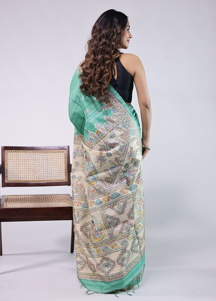 Green Tussar Silk Saree With Blouse Piece