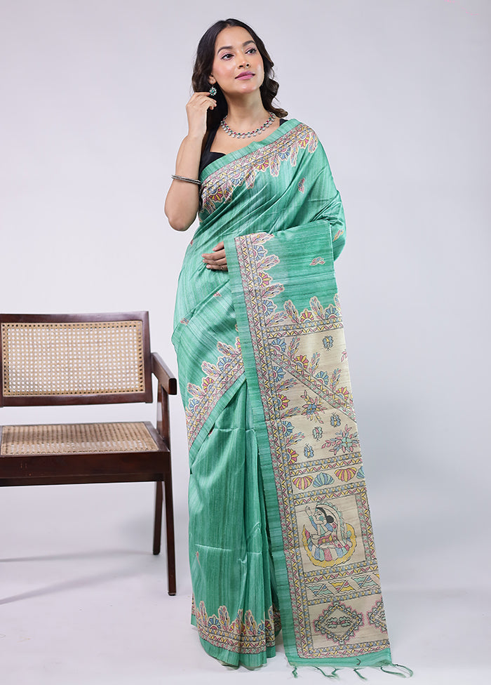 Green Tussar Silk Saree With Blouse Piece