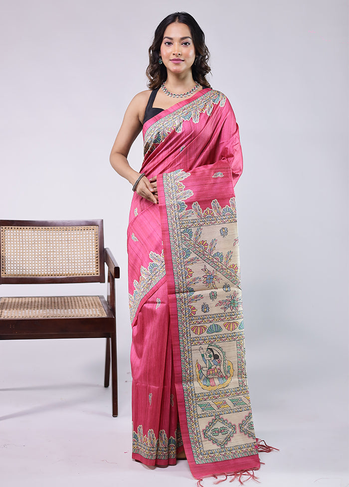 Pink Tussar Silk Saree With Blouse Piece