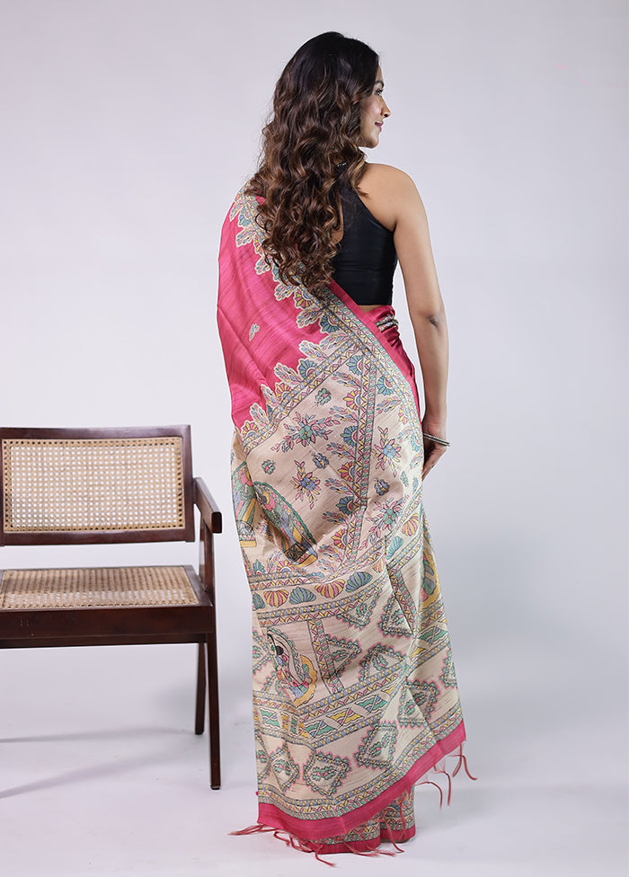 Pink Tussar Silk Saree With Blouse Piece