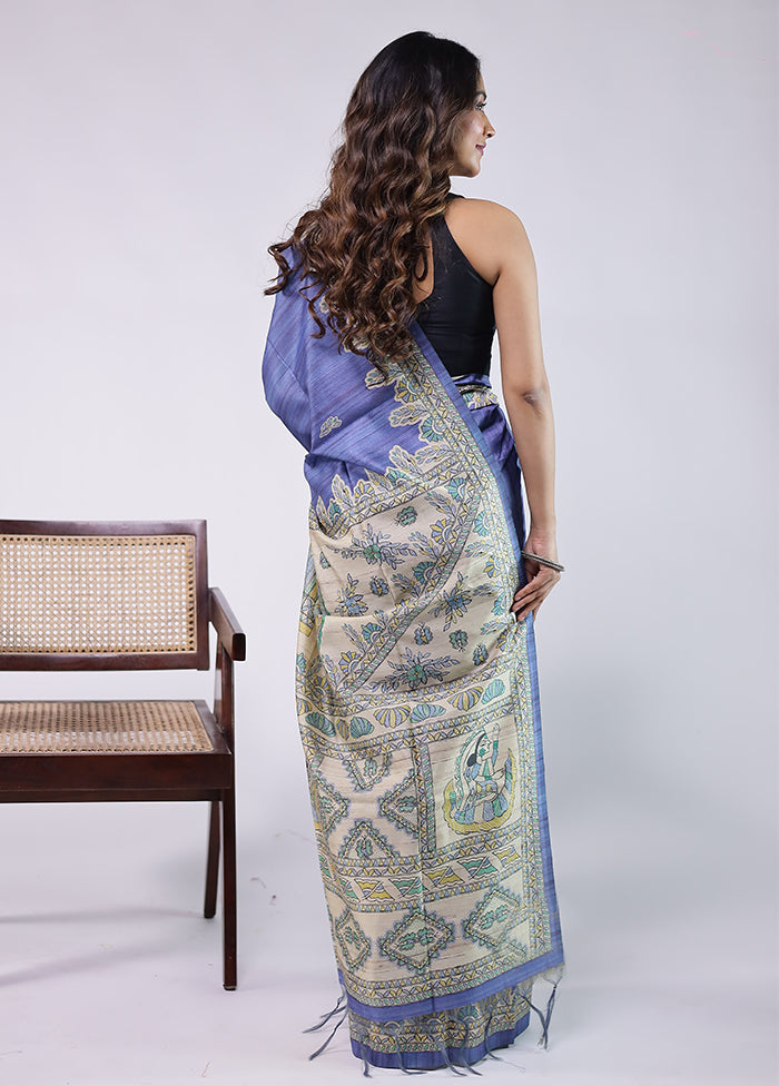 Blue Tussar Silk Saree With Blouse Piece