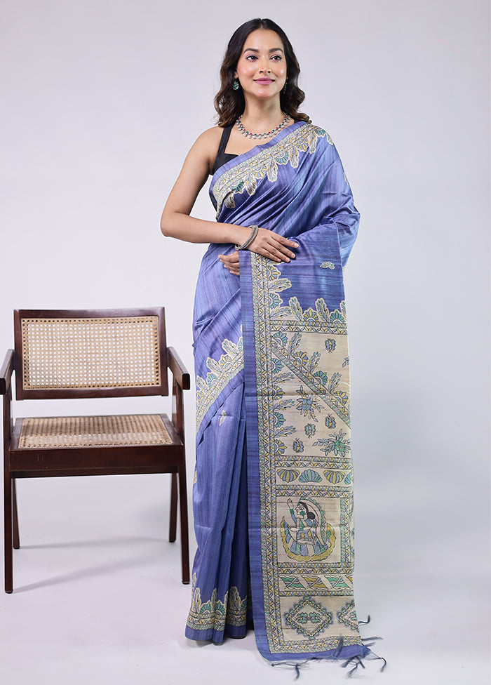 Blue Tussar Silk Saree With Blouse Piece
