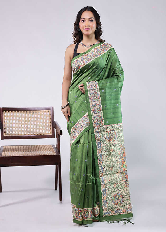 Green Tussar Silk Saree With Blouse Piece