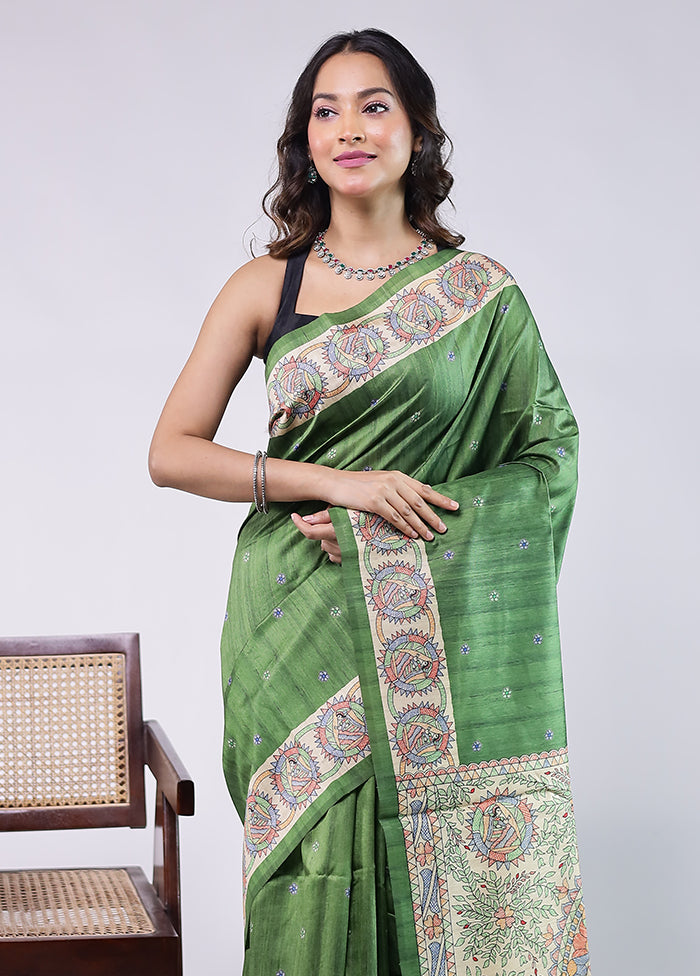 Green Tussar Silk Saree With Blouse Piece