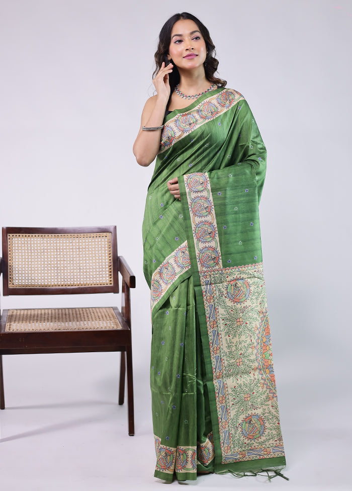 Green Tussar Silk Saree With Blouse Piece