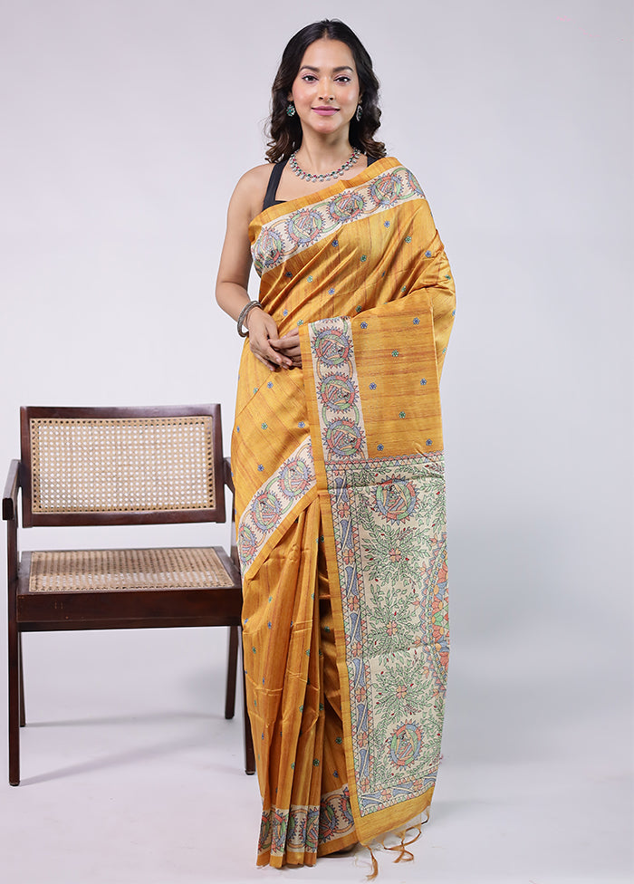 Yellow Tussar Silk Saree With Blouse Piece