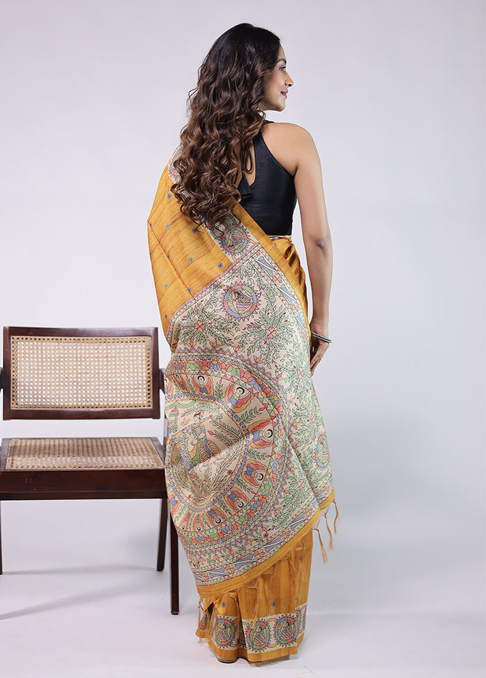 Yellow Tussar Silk Saree With Blouse Piece