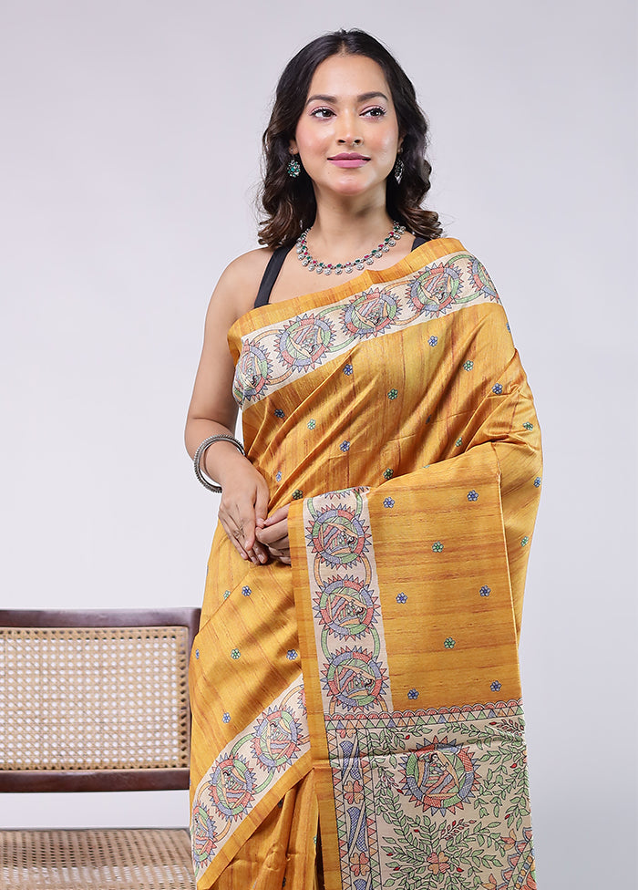 Yellow Tussar Silk Saree With Blouse Piece