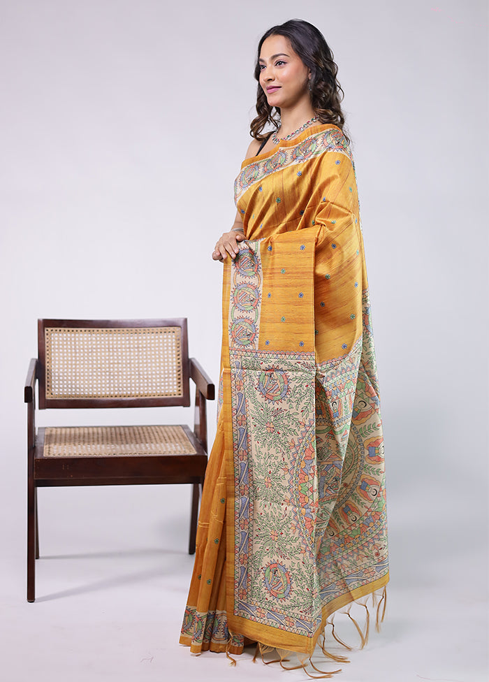 Yellow Tussar Silk Saree With Blouse Piece