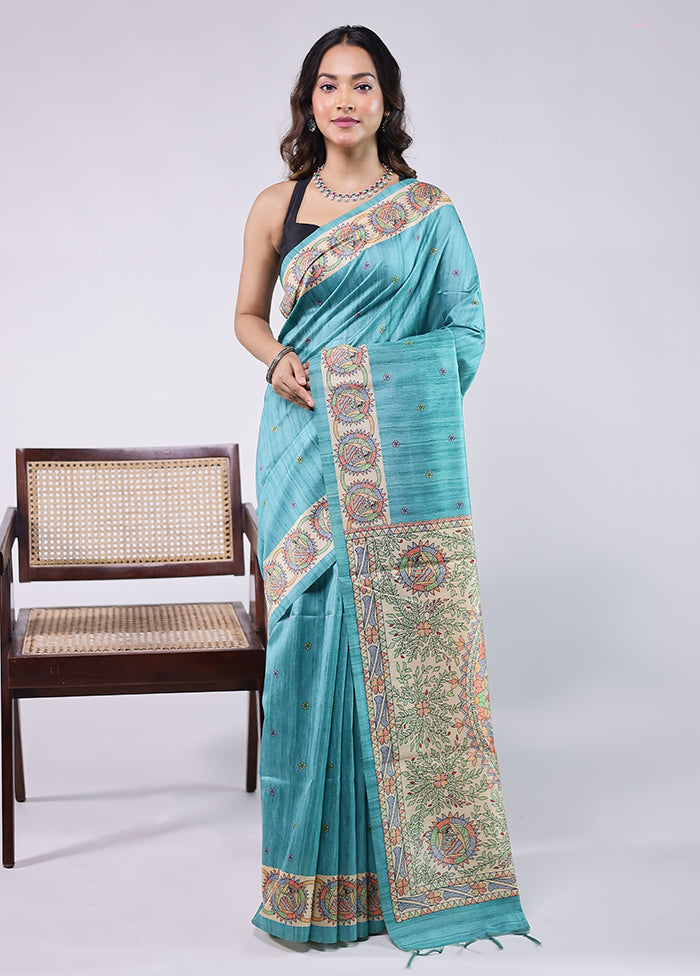 Green Tussar Silk Saree With Blouse Piece