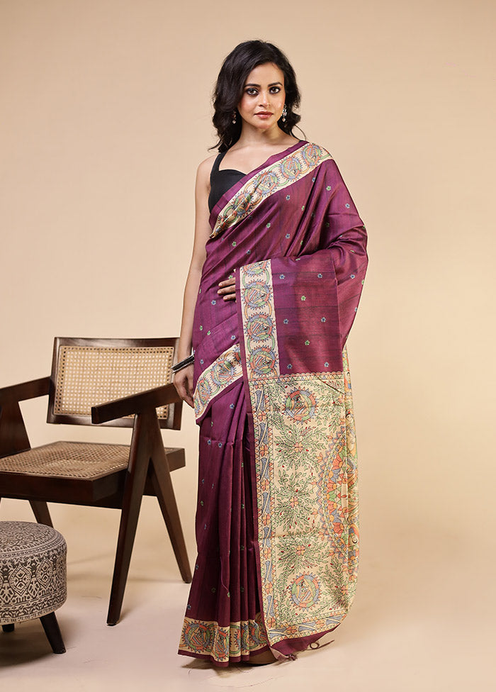 Purple Tussar Silk Saree With Blouse Piece