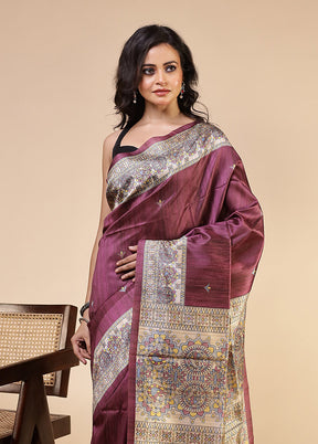 Purple Tussar Silk Saree With Blouse Piece