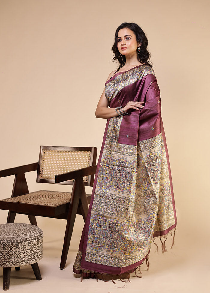 Purple Tussar Silk Saree With Blouse Piece
