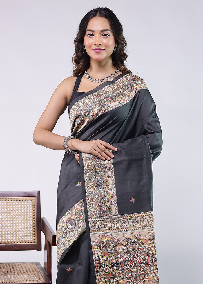 Black Tussar Silk Saree With Blouse Piece