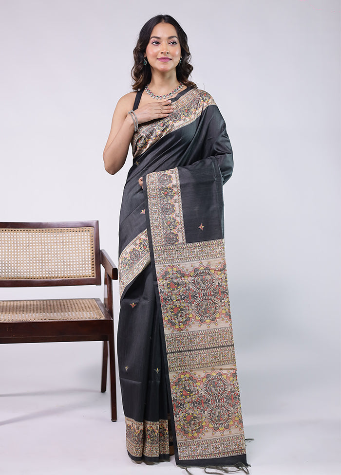 Black Tussar Silk Saree With Blouse Piece