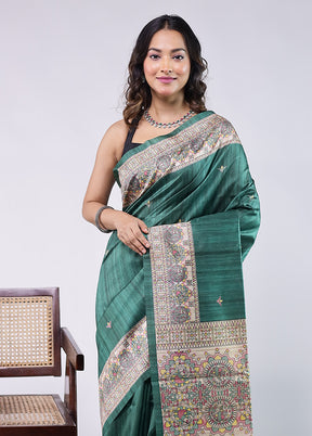 Green Tussar Silk Saree With Blouse Piece