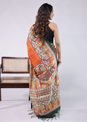 Orange Tussar Silk Saree With Blouse Piece