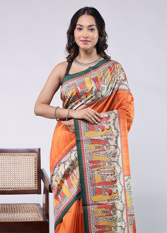 Orange Tussar Silk Saree With Blouse Piece