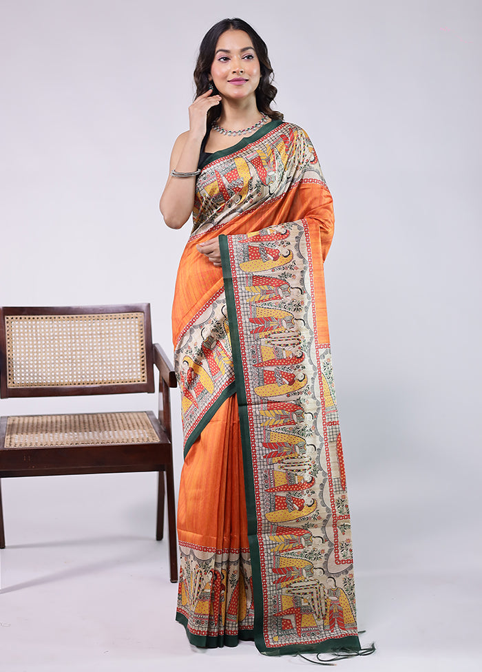 Orange Tussar Silk Saree With Blouse Piece