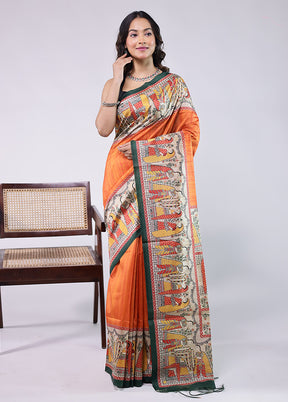 Orange Tussar Silk Saree With Blouse Piece