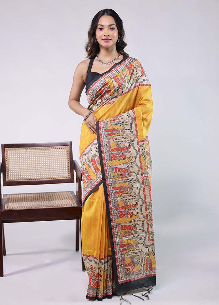 Yellow Tussar Silk Saree With Blouse Piece