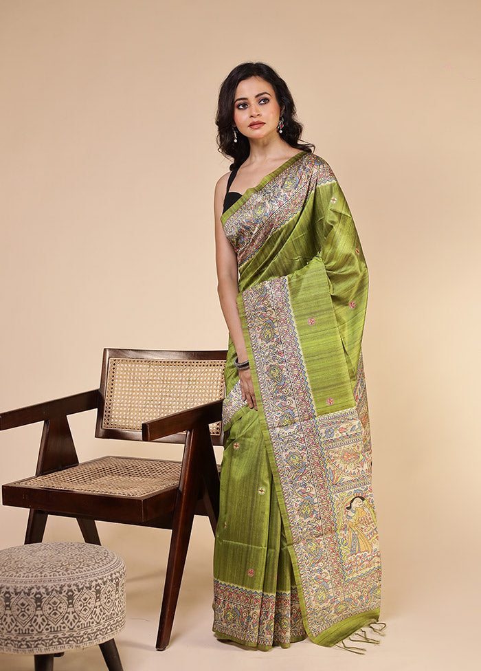 Green Tussar Silk Saree With Blouse Piece