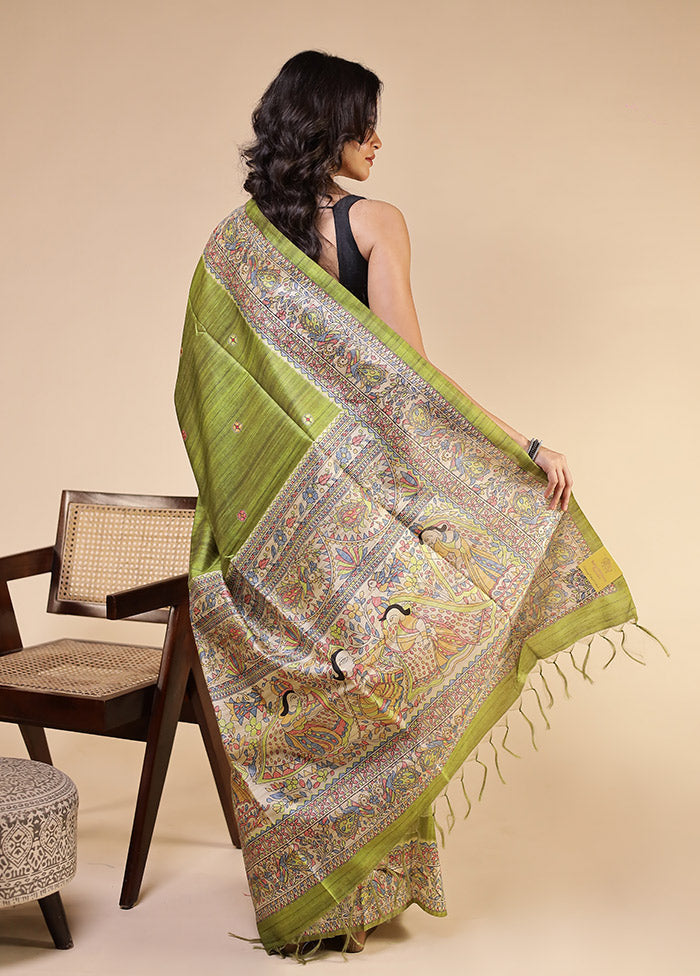Green Tussar Silk Saree With Blouse Piece