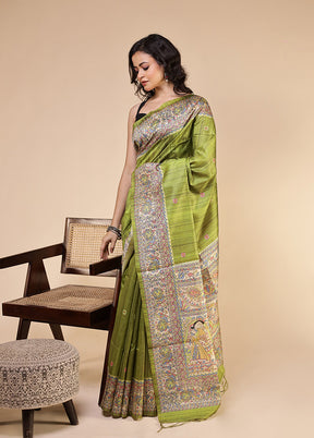 Green Tussar Silk Saree With Blouse Piece