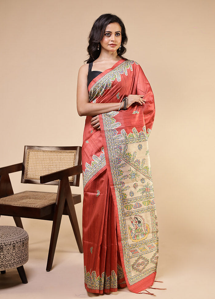 Pink Tussar Silk Saree With Blouse Piece