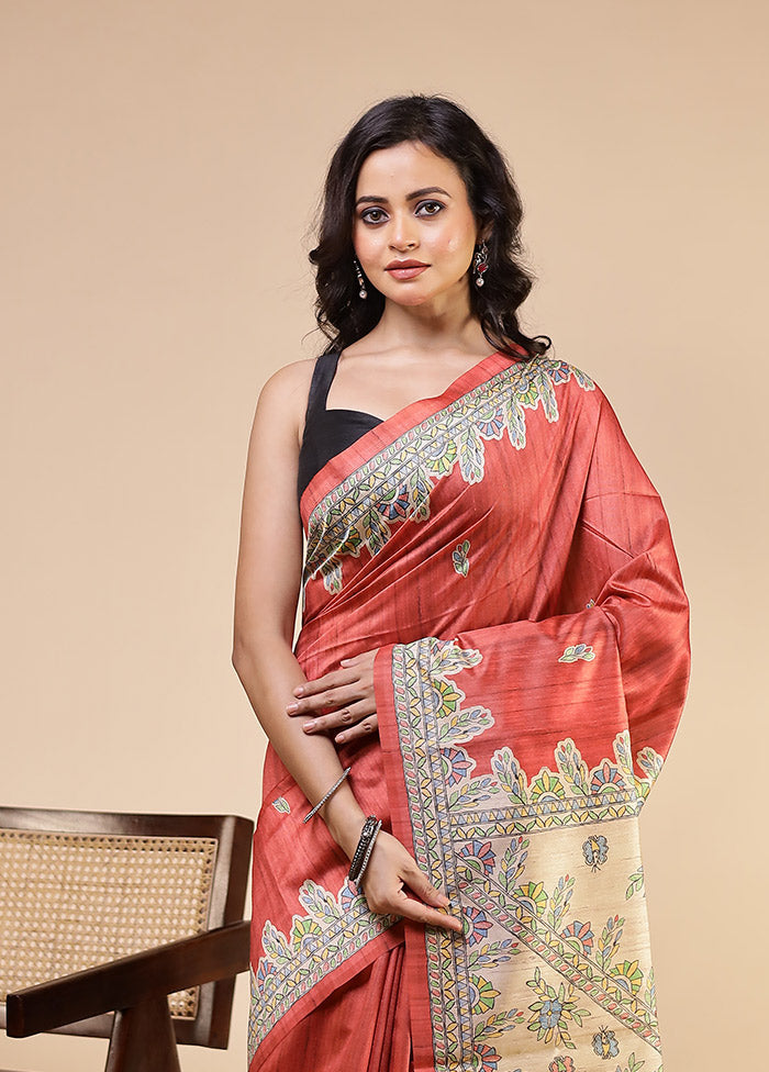 Pink Tussar Silk Saree With Blouse Piece