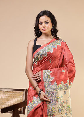 Pink Tussar Silk Saree With Blouse Piece
