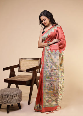 Pink Tussar Silk Saree With Blouse Piece