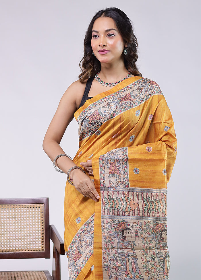 Yellow Tussar Silk Saree With Blouse Piece