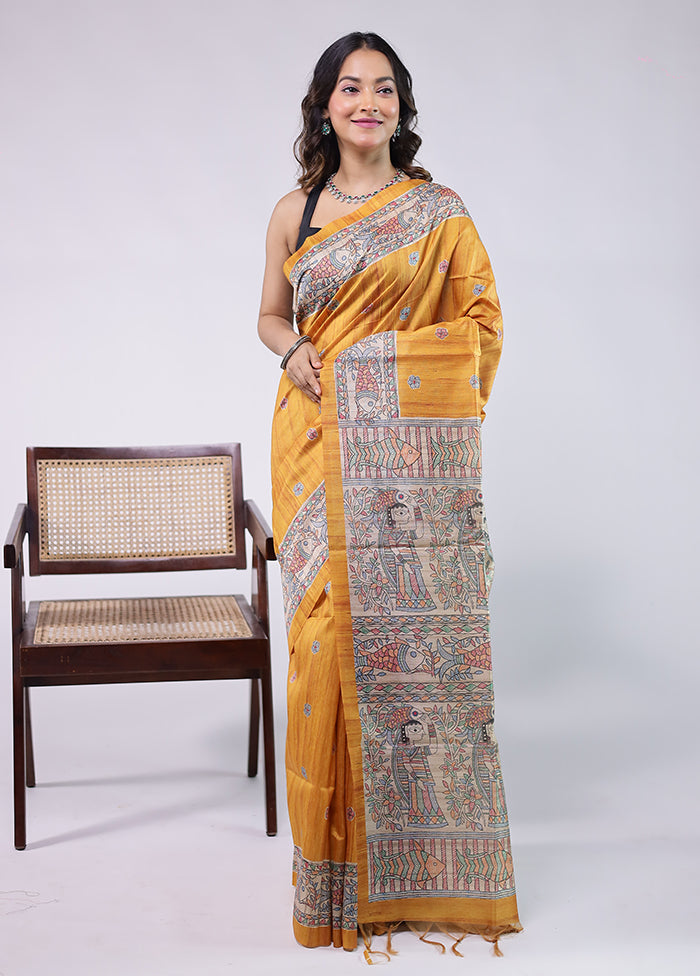 Yellow Tussar Silk Saree With Blouse Piece