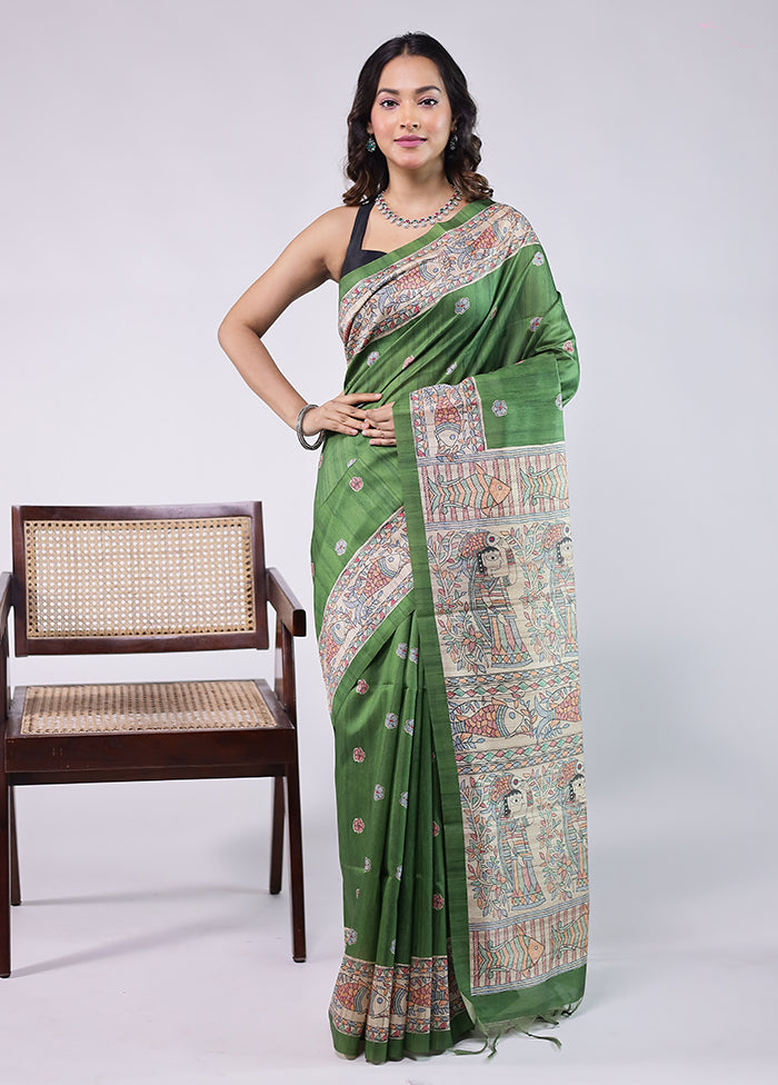 Green Tussar Silk Saree With Blouse Piece