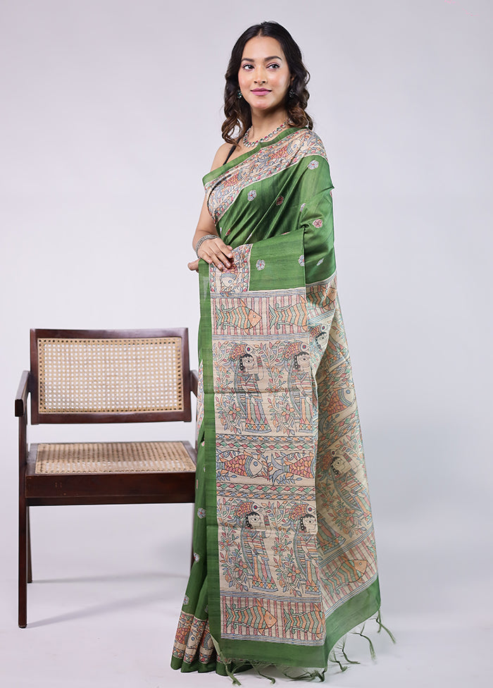 Green Tussar Silk Saree With Blouse Piece