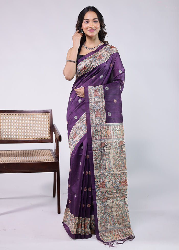 Purple Tussar Silk Saree With Blouse Piece