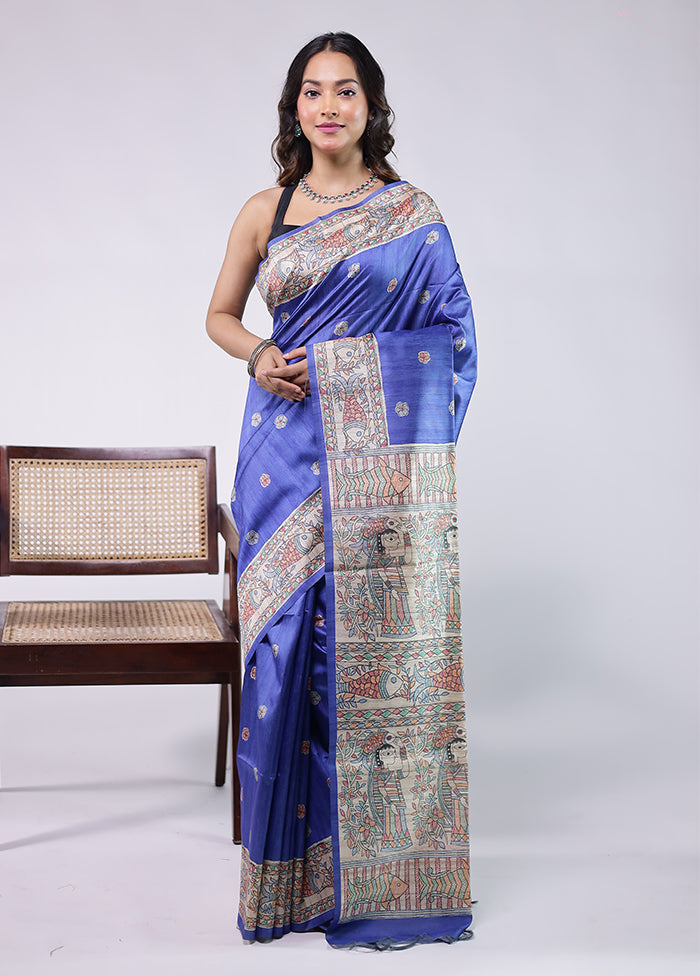 Blue Tussar Silk Saree With Blouse Piece