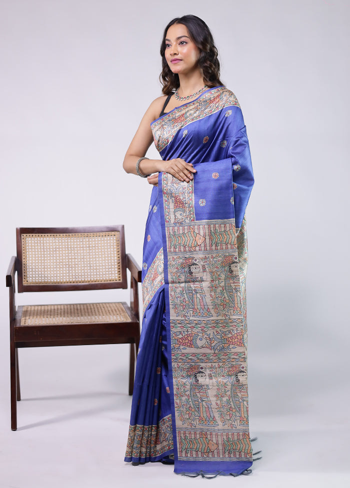 Blue Tussar Silk Saree With Blouse Piece